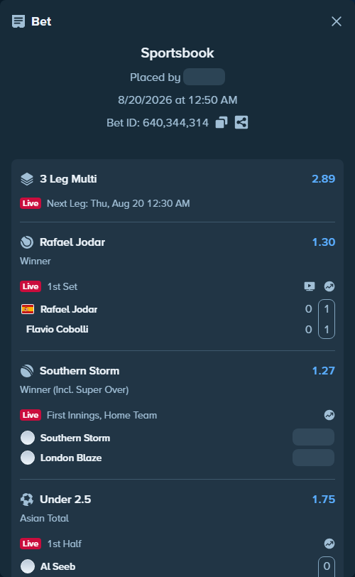 Bet slip: Rafael Jodar - Flavio Cobolli, $10,130.12 stake at 1.30 odds, placed by AsTraL11