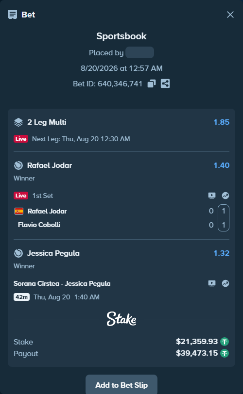 Bet slip: Rafael Jodar - Flavio Cobolli, $21,381.29 stake at 1.40 odds, placed by Davidbushel1
