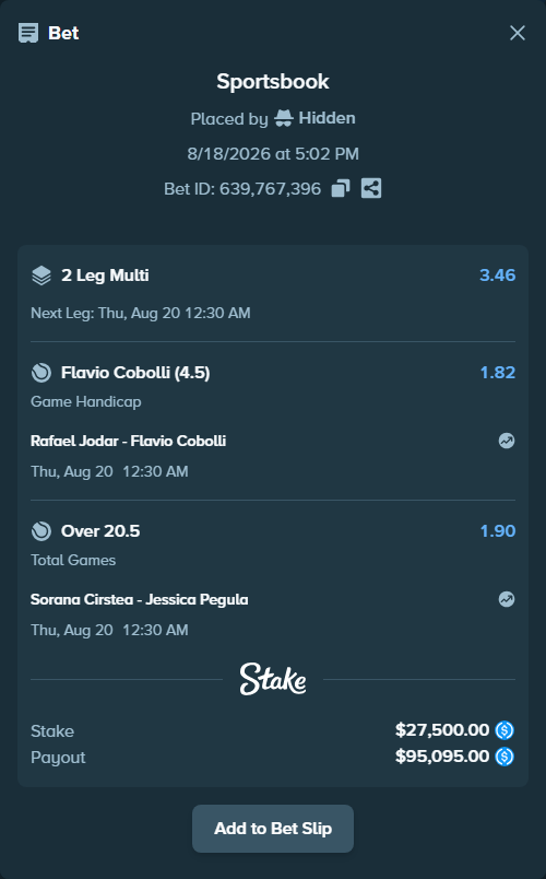 Bet slip: Rafael Jodar - Flavio Cobolli, $27,500.00 stake at 1.82 odds, placed by Hidden