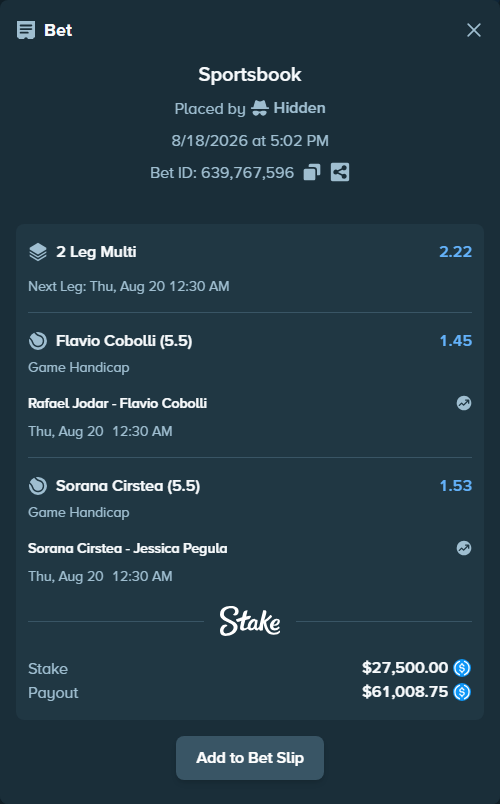 Bet slip: Rafael Jodar - Flavio Cobolli, $27,500.00 stake at 1.45 odds, placed by Hidden