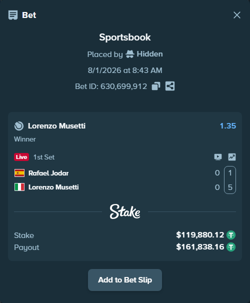 Bet slip: Rafael Jodar - Lorenzo Musetti, $120,000.00 stake at 1.35 odds, placed by Hidden
