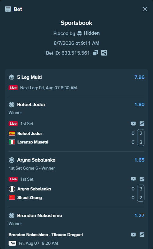 Bet slip: Rafael Jodar - Lorenzo Musetti, $81,000.00 stake at 1.80 odds, placed by Hidden