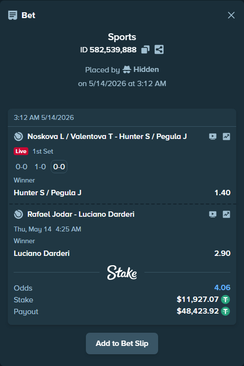 Bet slip: Rafael Jodar - Luciano Darderi, $11,939.00 stake at 2.90 odds, placed by Hidden
