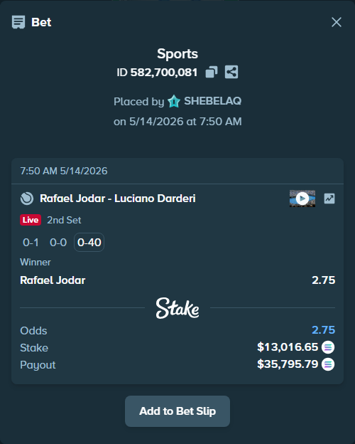 Bet slip: Rafael Jodar - Luciano Darderi, $10,469.55 stake at 2.75 odds, placed by SHEBELAQ