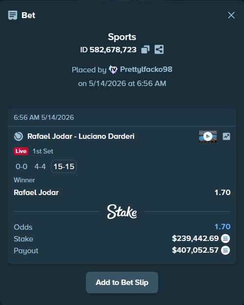 Bet slip: Rafael Jodar - Luciano Darderi, $192,588.54 stake at 1.70 odds, placed by Prettylfacko98