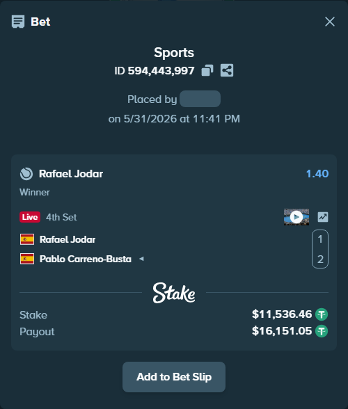 Bet slip: Rafael Jodar - Pablo Carreno-Busta, $11,548.00 stake at 1.40 odds, placed by stw888