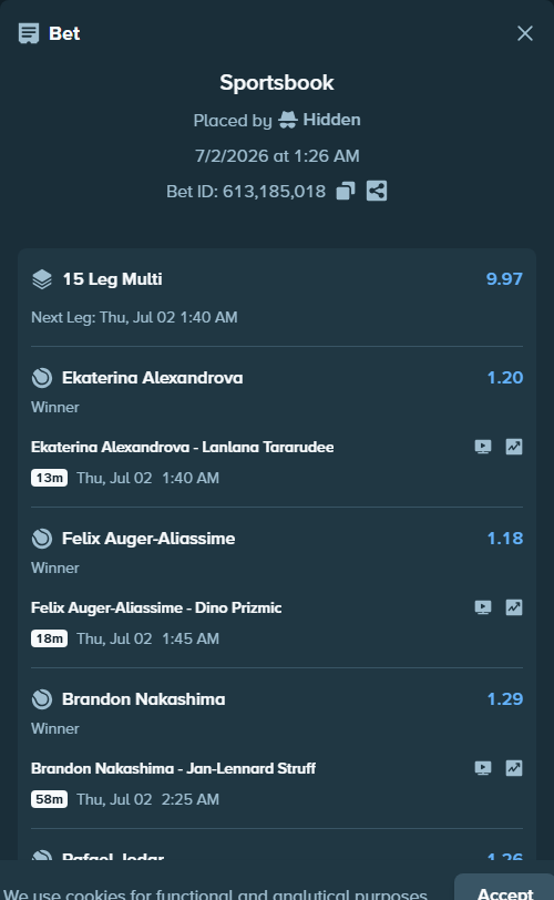 Bet slip: Rafael Jodar - Pablo Carreno-Busta, $125,125.00 stake at 1.26 odds, placed by Hidden