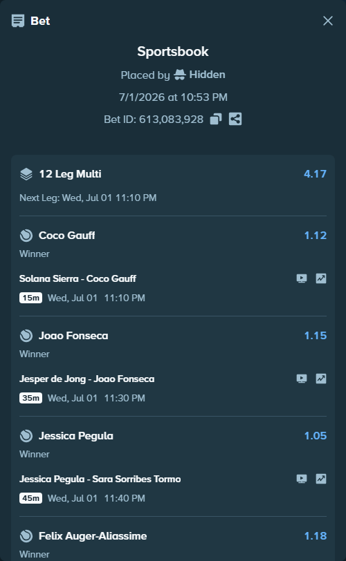 Bet slip: Rafael Jodar - Pablo Carreno-Busta, $150,150.00 stake at 1.26 odds, placed by Hidden