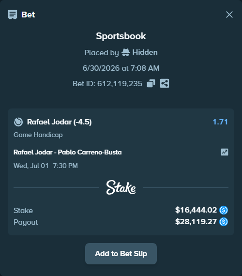 Bet slip: Rafael Jodar - Pablo Carreno-Busta, $16,444.02 stake at 1.71 odds, placed by Hidden