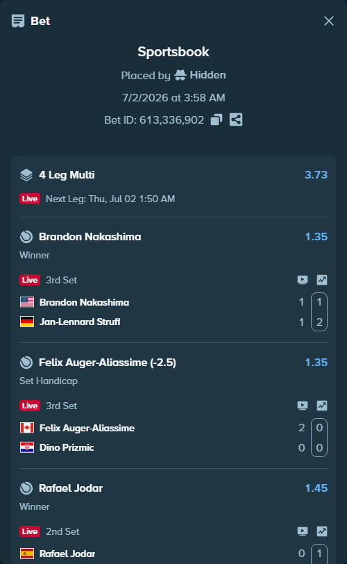 Bet slip: Rafael Jodar - Pablo Carreno-Busta, $20,955.52 stake at 1.45 odds, placed by Hidden
