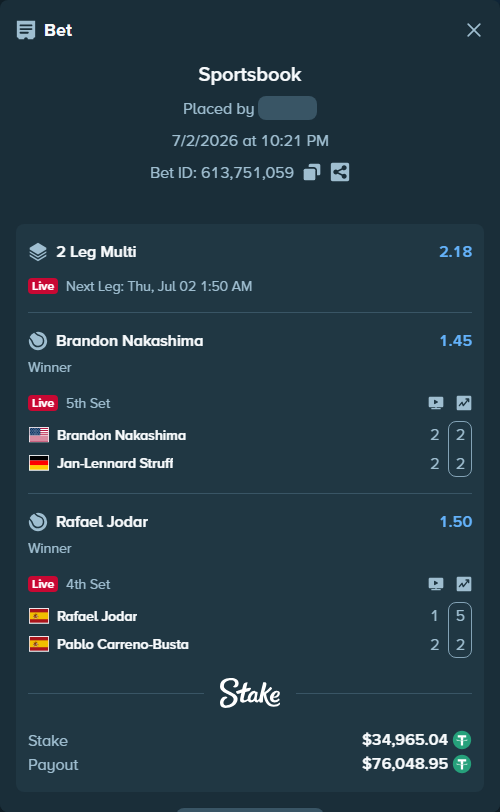 Bet slip: Rafael Jodar - Pablo Carreno-Busta, $35,000.00 stake at 1.50 odds, placed by diomancy