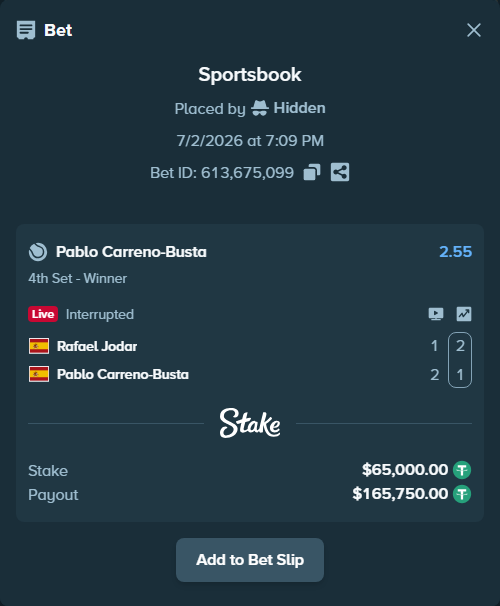Bet slip: Rafael Jodar - Pablo Carreno-Busta, $65,065.00 stake at 2.55 odds, placed by Hidden