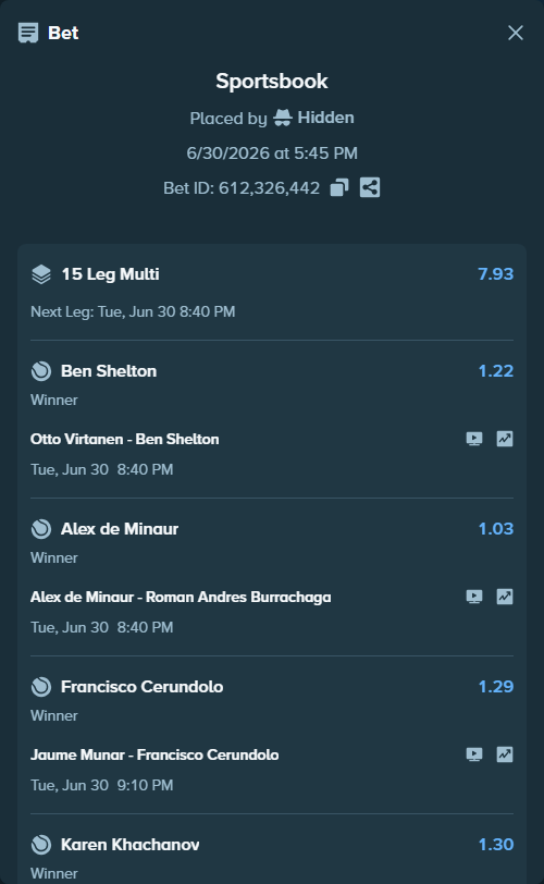 Bet slip: Rafael Jodar - Pablo Carreno-Busta, $75,000.00 stake at 1.30 odds, placed by Hidden