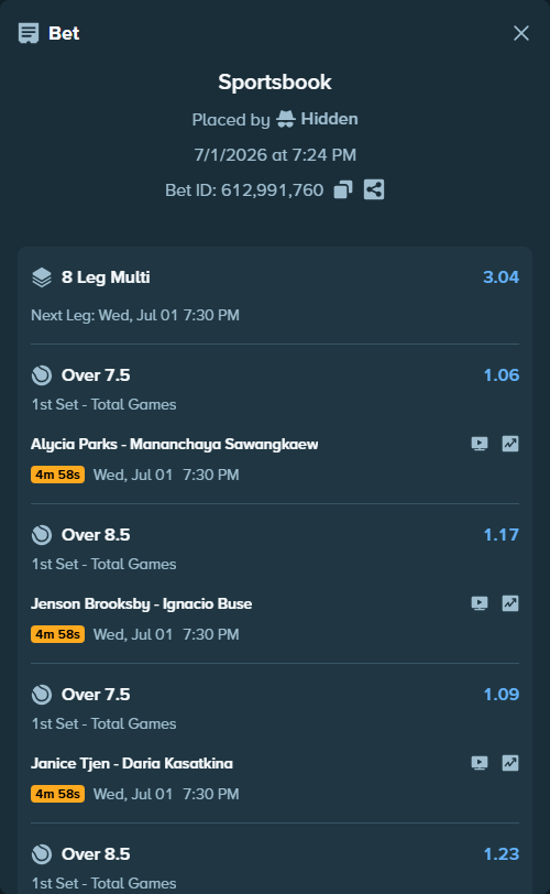 Bet slip: Rafael Jodar - Pablo Carreno-Busta, $75,075.00 stake at 1.27 odds, placed by Hidden