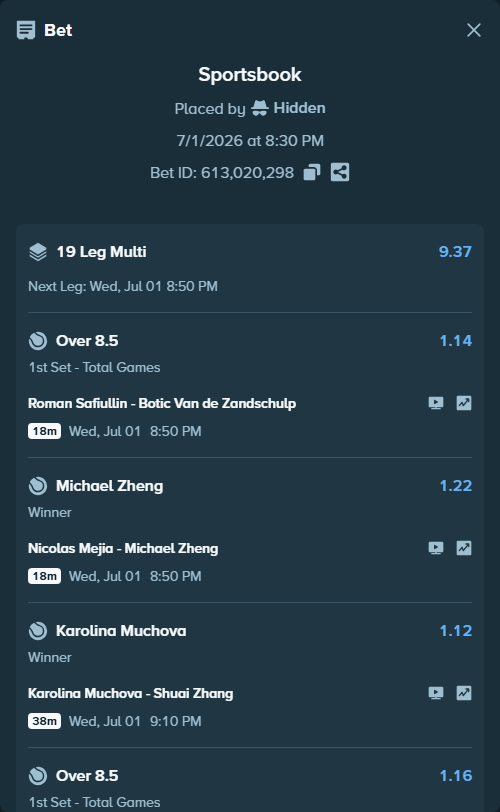 Bet slip: Rafael Jodar - Pablo Carreno-Busta, $75,075.00 stake at 1.27 odds, placed by Hidden
