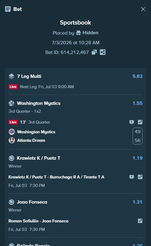 Bet slip: Rafael Jodar - Shintaro Mochizuki, $106,916.78 stake at 1.31 odds, placed by Hidden