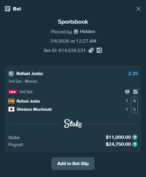 Bet slip: Rafael Jodar - Shintaro Mochizuki, $11,011.00 stake at 2.25 odds, placed by Hidden