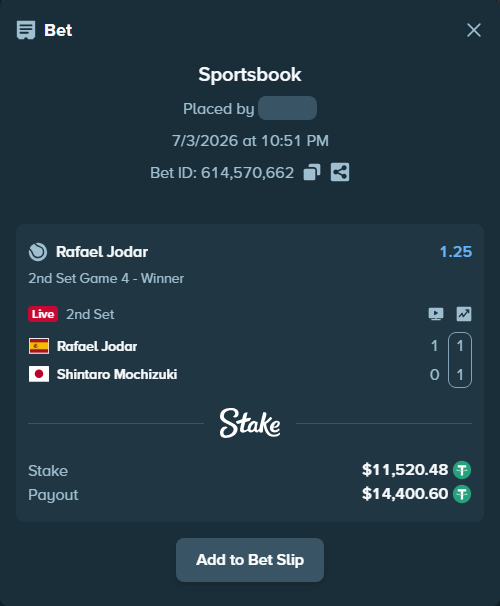 Bet slip: Rafael Jodar - Shintaro Mochizuki, $11,532.00 stake at 1.25 odds, placed by diomancy