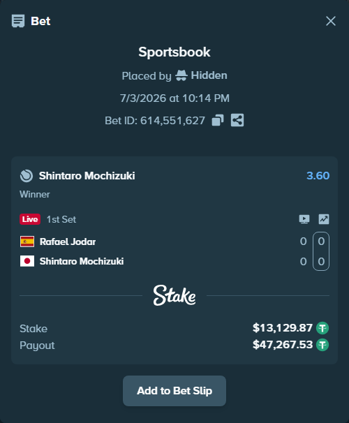 Bet slip: Rafael Jodar - Shintaro Mochizuki, $13,143.00 stake at 3.60 odds, placed by Hidden