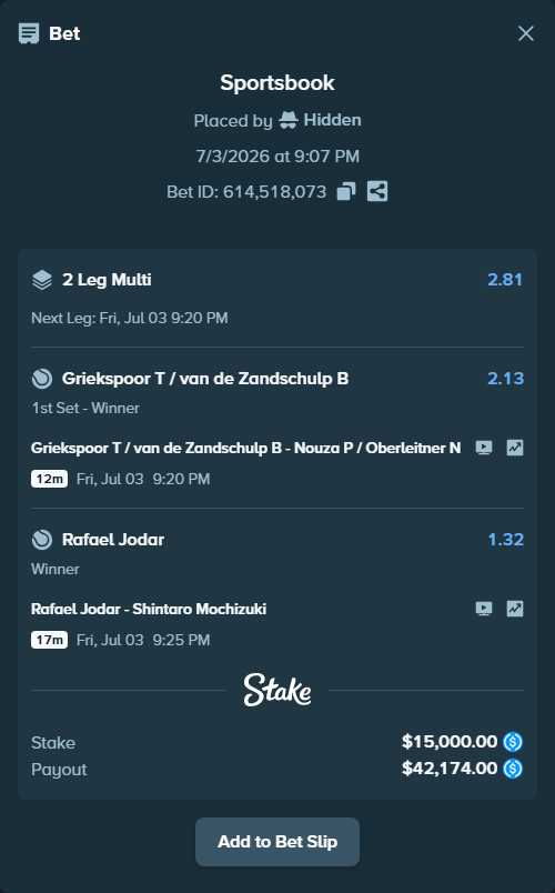 Bet slip: Rafael Jodar - Shintaro Mochizuki, $15,000.00 stake at 1.32 odds, placed by Hidden