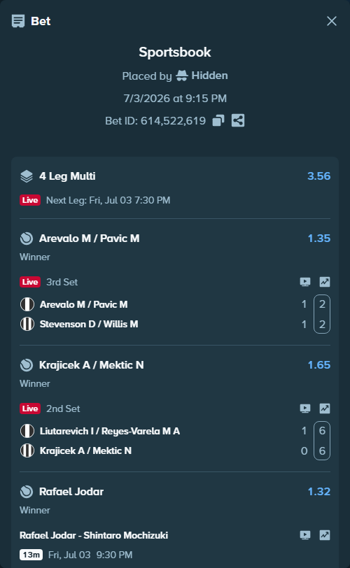 Bet slip: Rafael Jodar - Shintaro Mochizuki, $151,627.87 stake at 1.32 odds, placed by Hidden