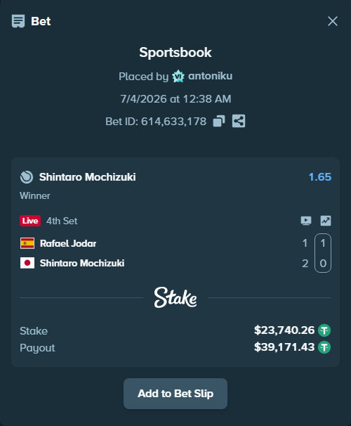 Bet slip: Rafael Jodar - Shintaro Mochizuki, $23,764.00 stake at 1.65 odds, placed by antoniku