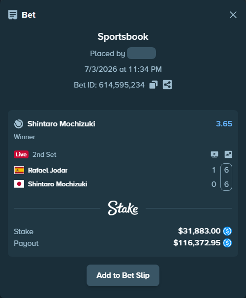 Bet slip: Rafael Jodar - Shintaro Mochizuki, $31,883.00 stake at 3.65 odds, placed by piropiro12