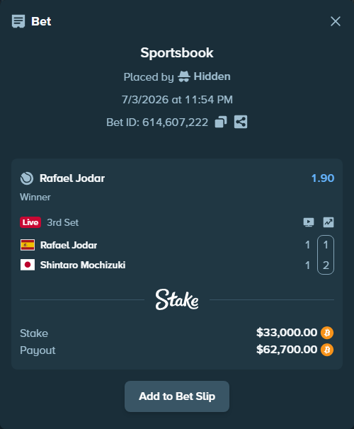 Bet slip: Rafael Jodar - Shintaro Mochizuki, $33,645.37 stake at 1.90 odds, placed by Hidden