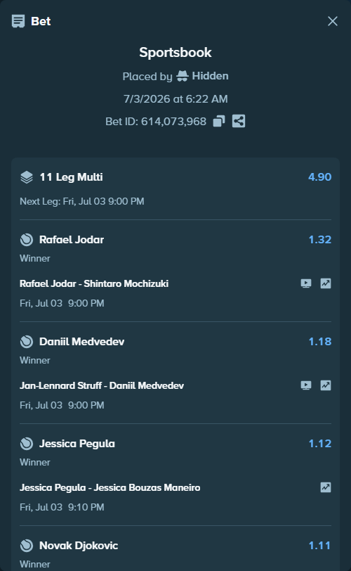 Bet slip: Rafael Jodar - Shintaro Mochizuki, $93,216.10 stake at 1.32 odds, placed by Hidden