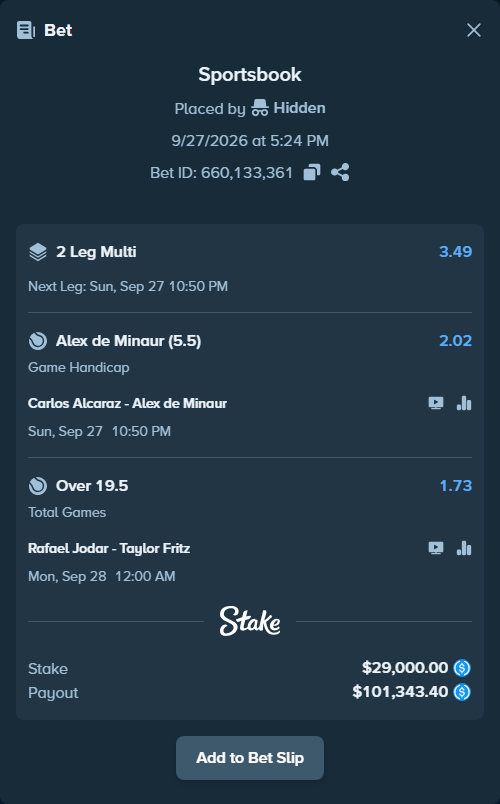 Bet slip: Rafael Jodar - Taylor Fritz, $29,000.00 stake at 1.73 odds, placed by Hidden