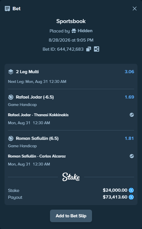 Bet slip: Rafael Jodar - Thanasi Kokkinakis, $24,000.00 stake at 1.69 odds, placed by Hidden