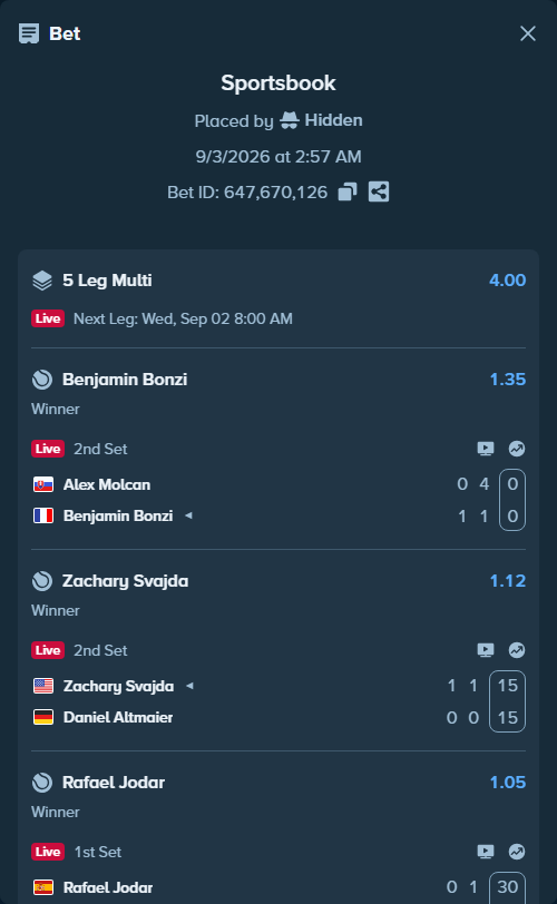 Bet slip: Rafael Jodar - Yunchaokete Bu, $14,290.00 stake at 1.05 odds, placed by Hidden