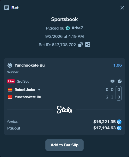 Bet slip: Rafael Jodar - Yunchaokete Bu, $16,221.35 stake at 1.06 odds, placed by Arbe7