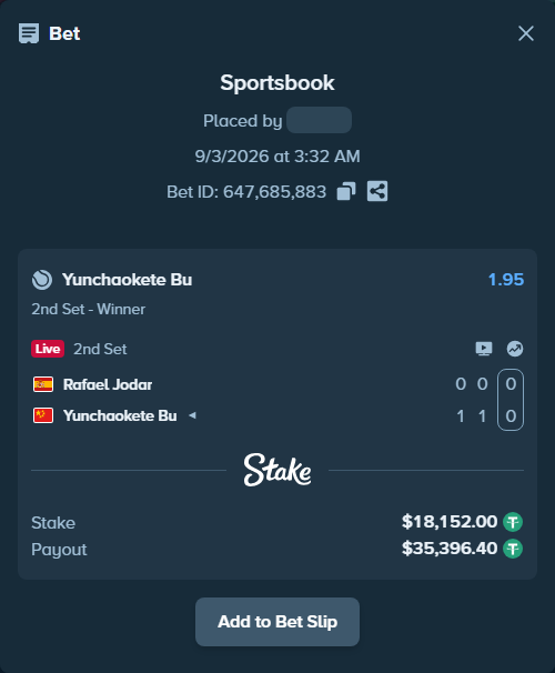 Bet slip: Rafael Jodar - Yunchaokete Bu, $18,152.00 stake at 1.95 odds, placed by N1kolayts