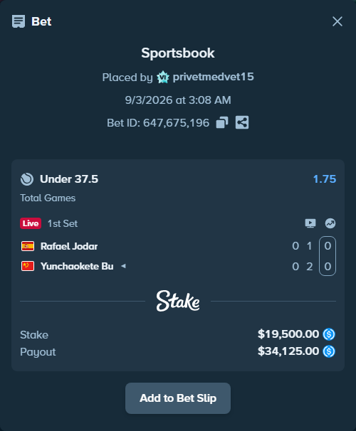 Bet slip: Rafael Jodar - Yunchaokete Bu, $19,500.00 stake at 1.75 odds, placed by privetmedvet15