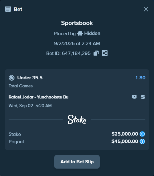 Bet slip: Rafael Jodar - Yunchaokete Bu, $25,000.00 stake at 1.80 odds, placed by Hidden
