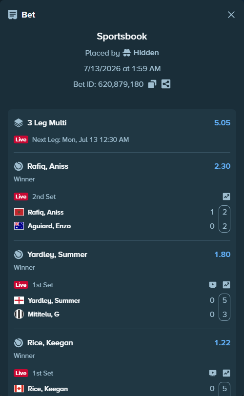 Bet slip: Rafiq, Aniss - Aguiard, Enzo, $20,000.00 stake at 2.30 odds, placed by Hidden