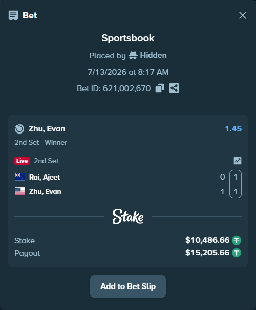 Bet slip: Rai, Ajeet - Zhu, Evan, $10,497.15 stake at 1.45 odds, placed by Hidden