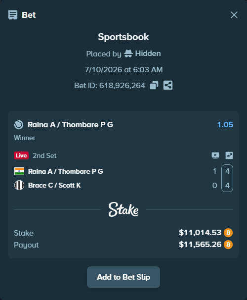 Bet slip: Raina A / Thombare P G - Brace C / Scott K, $11,215.53 stake at 1.05 odds, placed by Hidden
