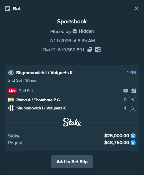 Bet slip: Raina A / Thombare P G - Shymanovich I / Volynets K, $25,000.00 stake at 1.95 odds, placed by Hidden