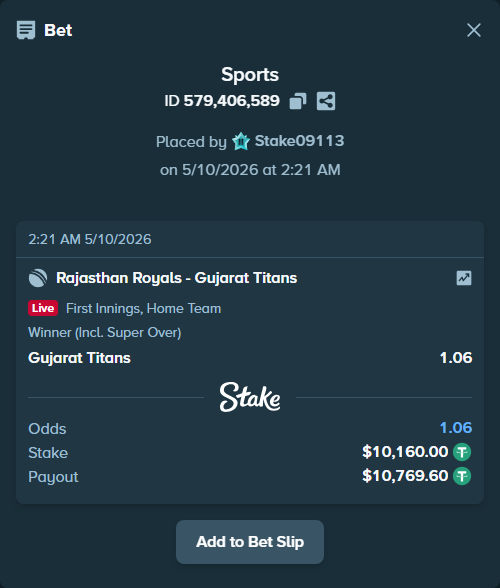 Bet slip: Rajasthan Royals - Gujarat Titans, $10,160.00 stake at 1.06 odds, placed by Stake09113