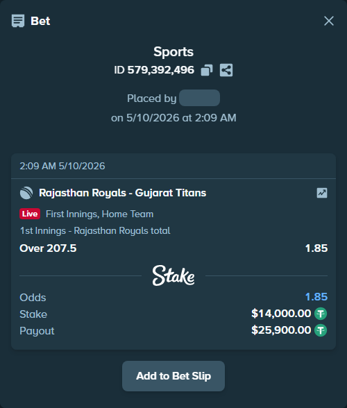 Bet slip: Rajasthan Royals - Gujarat Titans, $14,000.00 stake at 1.85 odds, placed by amitcbtf37