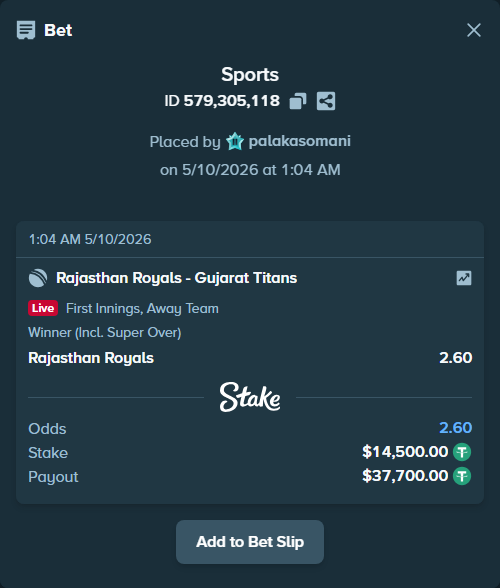 Bet slip: Rajasthan Royals - Gujarat Titans, $14,500.00 stake at 2.60 odds, placed by palakasomani