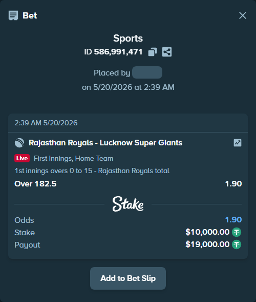 Bet slip: Rajasthan Royals - Lucknow Super Giants, $10,010.00 stake at 1.90 odds, placed by amitcbtf37
