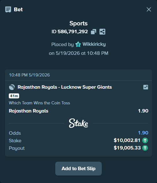 Bet slip: Rajasthan Royals - Lucknow Super Giants, $10,012.81 stake at 1.90 odds, placed by Wikkiricky