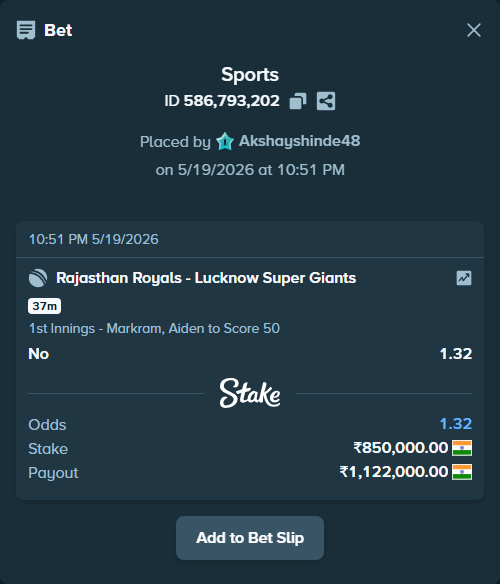 Bet slip: Rajasthan Royals - Lucknow Super Giants, $10,200.00 stake at 1.32 odds, placed by Akshayshinde48
