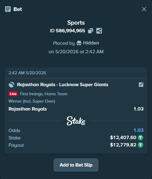 Bet slip: Rajasthan Royals - Lucknow Super Giants, $12,420.00 stake at 1.03 odds, placed by Hidden