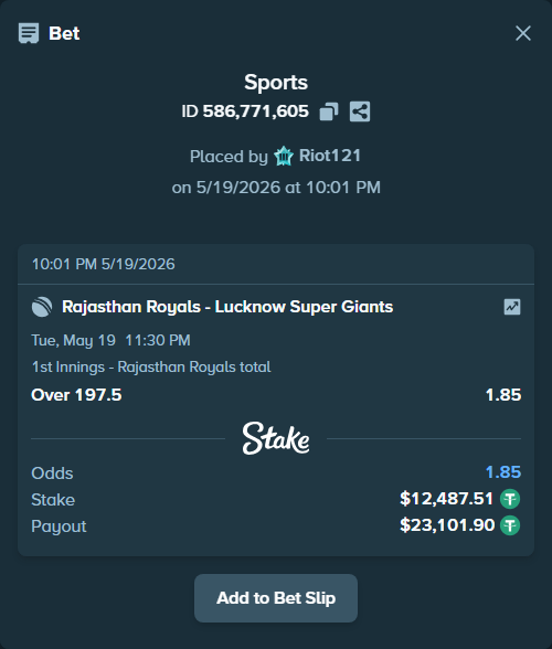 Bet slip: Rajasthan Royals - Lucknow Super Giants, $12,500.00 stake at 1.85 odds, placed by Riot121