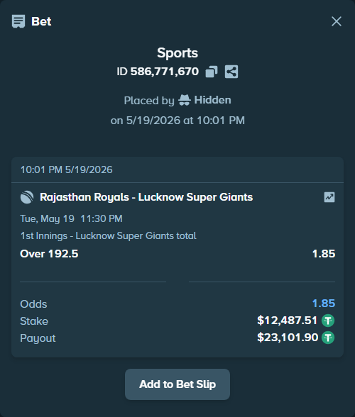 Bet slip: Rajasthan Royals - Lucknow Super Giants, $12,500.00 stake at 1.85 odds, placed by Riot121