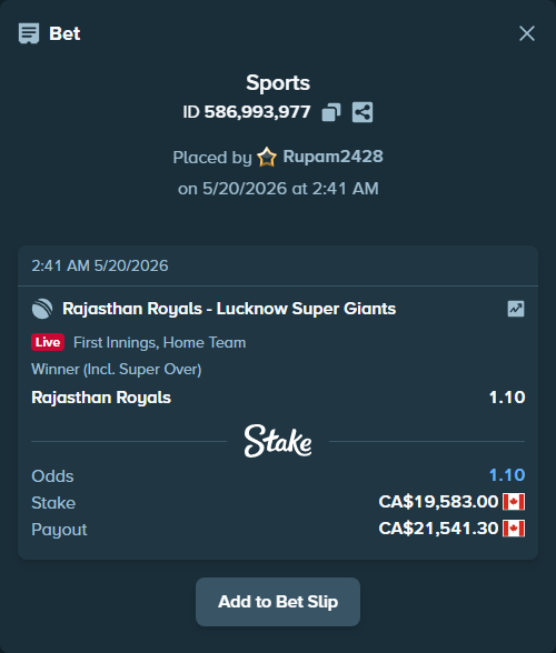 Bet slip: Rajasthan Royals - Lucknow Super Giants, $14,491.42 stake at 1.10 odds, placed by Rupam2428